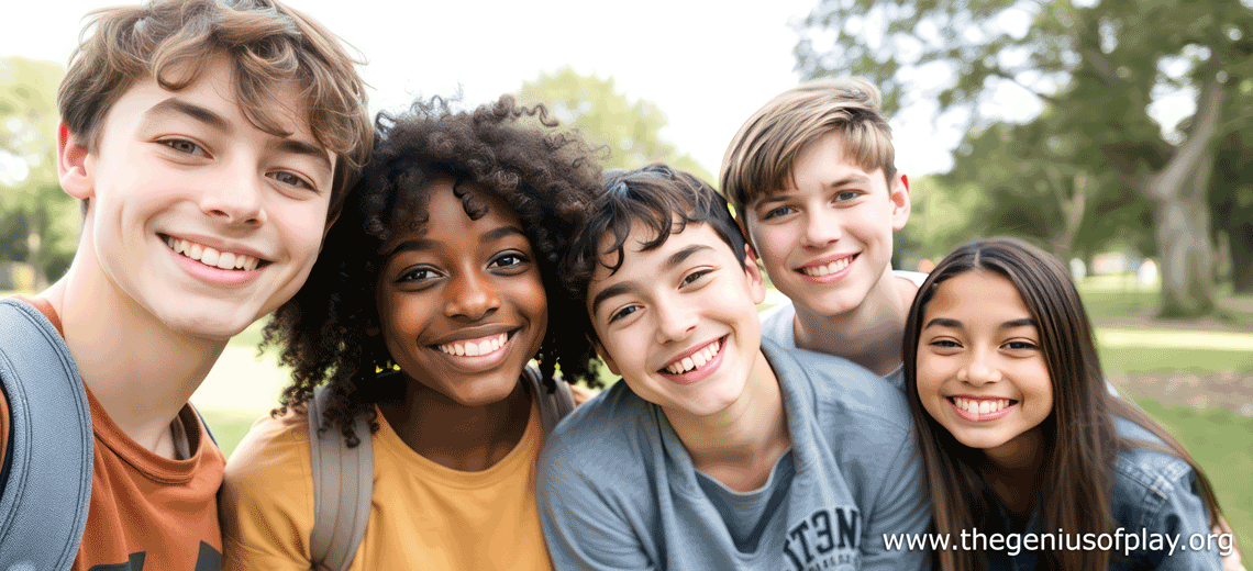 close-up of preteen friends smiling in a park outdoors